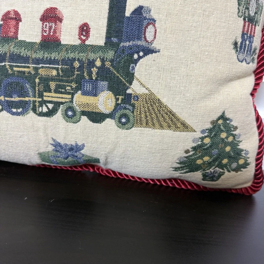 VTG 90s Square Tapestry Pillow Christmas Tree‎ Trains Nutcracker Star 16x16 gift